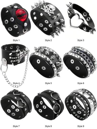 1件哥特朋克风铆钉骷髅头PU皮手链，男女皆宜的时尚配饰，适合日常佩戴、派对、个性化搭配、情人节礼物
