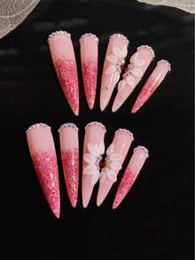 10 Pcs Handmade False Nails, Press On Nails,The Gentle And Romantic French Style, Featuring A Nude Pink Base With A Soft Texture, Is Enhanced By A Gradient Of Red Shimmering Powder, Creating A Hazy Atmosphere. - Multicolor - View 2