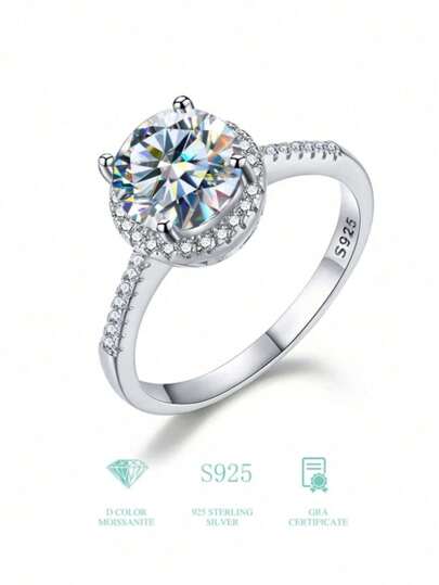 100% 天然莫桑石戒指，D色 VVS1净度，可调节尺寸，925银，GRA认证，女士结婚戒指