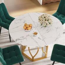 Dining Set (5 Pieces), Including A Table And Four Chairs, A Round Table 100 Cm In Diameter With Gold Metal Legs And White MDF Top, And Dark Green Velvet Dining Chairs. - Green - View 3