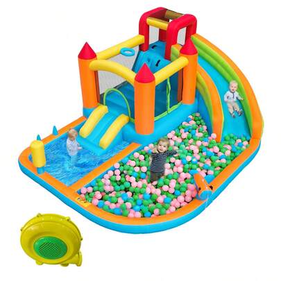 Castello gonfiabile per bambini, castello gonfiabile 5 in 1 per bambini dai 3 ai 10 anni, castello gonfiabile da esterno con scivolo, area di salto, piscina, rete da calcio, dimensioni gonfiabili: 364*315*239cm