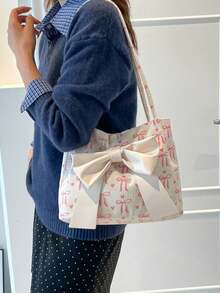 Solid Color PU Leather Bow Decor Lightweight Fashionable Women's Large Capacity Shoulder Bag, Elegant Lady Handbag - White - View 3