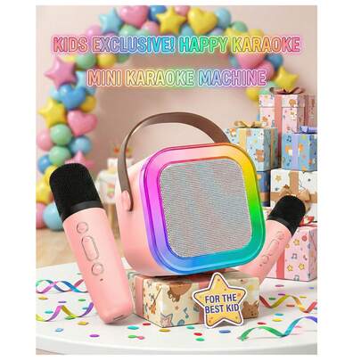 Mini Karaoke Machine With 2 Mics | Bluetooth 5.0 TWS TECH (50ft Range) | Microphone With 5 Voice-Changing Effects | 7-Color LED Lights | Premium ABS Material | Portable MP3 Player For Party, 2025 Top Birthday & Christmas Gift