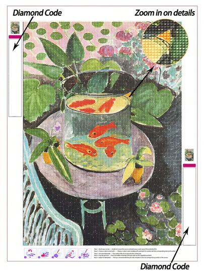 |5D DIY钻石画|马蒂斯风格金鱼缸静物钻石画套装，色彩鲜艳，绿意盎然，充满后印象派美学。手工装饰画，5D DIY钻石画套装，打造属于你自己的DIY墙面艺术，享受动手制作的乐趣，送给朋友的最佳礼物