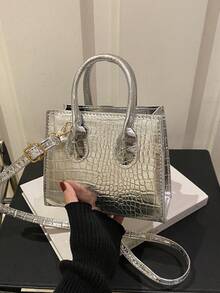 Túi xách nữ nhỏ hình vuông họa tiết đá, kiểu dáng thời trang mới, túi đeo vai hai quai xách họa tiết da cá sấu, dây đeo có thể điều chỉnh, đa năng cho du lịch và mua sắm. - Bạc - Xem 12