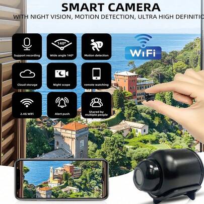 Telecamera smart per interni ed esterni con visione notturna in HD 1080P, grandangolo, senza fili, sorveglianza remota via rete, rilevamento di movimento, supporto scheda TF, adatta per casa e ufficio