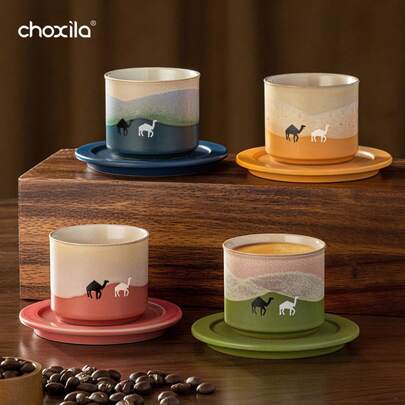 1 Set Ceramic Tea Cup & Saucer With Camel Pattern, Ombre Coffee Cup And 80ml Espresso Cup. Suitable For Afternoon Tea, Family Gatherings, Bedroom, Living Room, Study Or Cafe