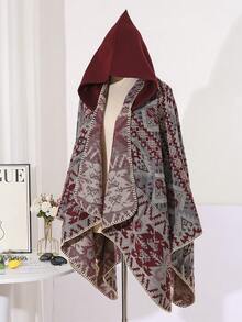 1pc Comfortable Geometric Color Block Jacquard Poncho Shawl - Multicolor - View 6
