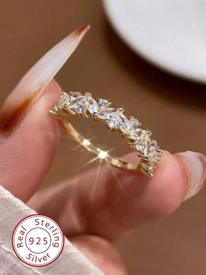 1 pieza Anillo con incrustaciones de circonita en forma de ojo de caballo de plata esterlina 925 de lujo, muy brillante, adecuado para uso diario, decoración, fiestas y otras ocasiones de las niñas, joyería de alta calidad y exquisita como regalo