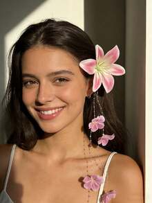 1个女士夏威夷花朵发夹，人造流苏花朵发饰，适合海滩度假、夏威夷婚礼新娘发型、发爪、发夹、发卡、发卡 - 彩色 - 查看 2