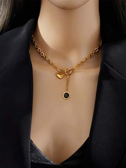 女士不锈钢心形黑石吊坠项链，新款OT扣链式首饰，完美节日礼物