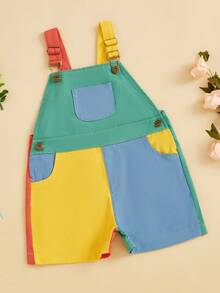 Kids Girls Boys Overall Shorts, Cute Contrast Color Summer Jumpsuit With Pockets For Casual Daily - 芥末黃 - 查看 2