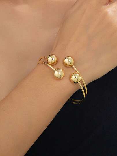 1pc Fashionable Minimalist Round Bead Open Cuff Bracelet, Elegant Metal Ball Line Design, Suitable For Women's Daily, Party, Outing Wear