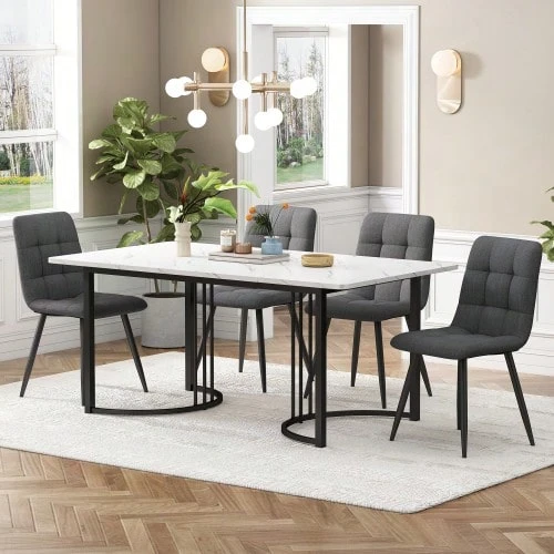 Dining Set (5 Pieces), Table And 4 Chairs, Modern Kitchen Set, 140*80cm Kitchen Table With Black Metal Legs, White MDF Top, Dark Grey Linen Dining Chairs - Grey - View 1