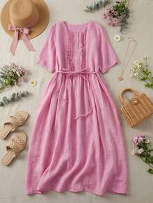 Vestido midi con cintura con cordón, cuello redondo, volantes y patchwork, estilo vintage para primavera y verano, vestidos elegantes y casuales para mujeres en color rosa - Rosa - Ver 9