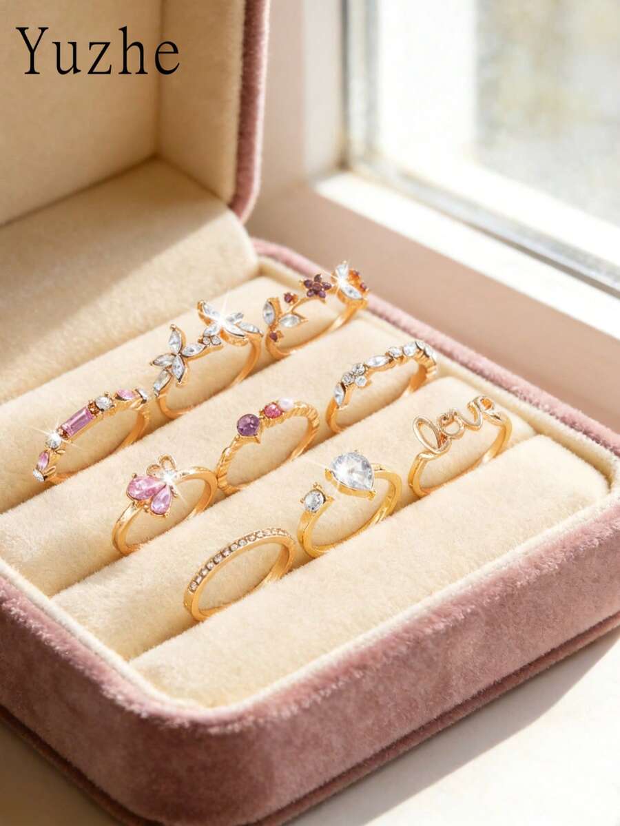 9件套浪漫粉色玫瑰花戒指，仿珍珠和立方氧化锆花瓣，情书设计，优雅百搭女士戒指套装 - 金黃色 - 查看 1