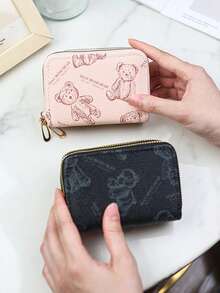 1pc Fashionable Mini Cartoon Bear Print Coin Purse, Retro Accordion Card Holder, Multi-Functional Multi-Card PU Leather Wallet, Small Zipper Clutch, Large Capacity Short Wallet, Suitable For Cash, Bank Cards, Coins, ID, Daily Use, School, Work, Perfect Gift For Family, Friends, Birthday, Mother's Day, Easter, Party, Wedding - Multicolor - View 5