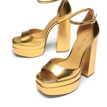 2026 New Platform Chunky Ultra High Heeled Sandals, Sexy Peep Toe Adjustable Ankle Strap Heeled Sandals Suitable For Prom Night Party Wedding And Summer Spring Wearing - Gold - View 5