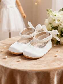 Newborn Baby Girls' Mary Jane Flats, Bow Decor, Non-Slip Soft Bottom PU Leather Infant Prewalker Shoes, Pearl Ribbon - White - View 11