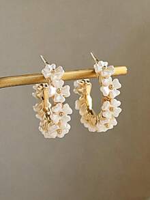 1对花卉图案女士圆形耳环 - 白色 - 查看 5