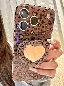Y2K Leopard Printed Mirror Heart Grip Holder Phone Case Compatible With IPhone 17 Pro Max 16 13 14 15 - Brown - View 4