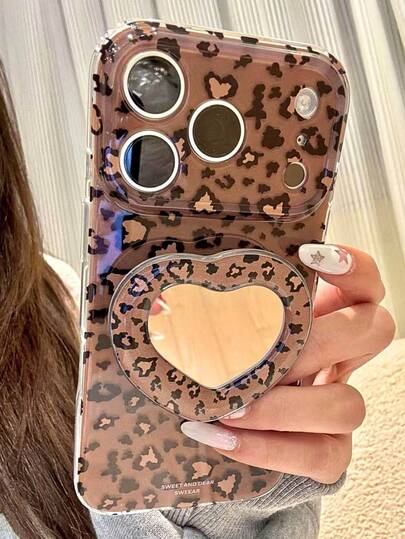 Y2K Leopard Printed Mirror Heart Grip Holder Phone Case Compatible With IPhone 17 Pro Max 16 13 14 15