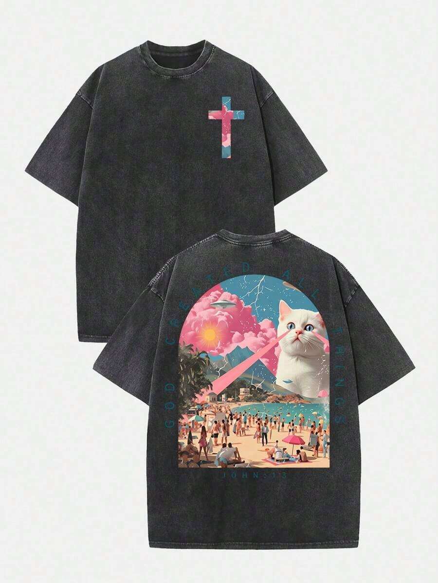 2026 Summer Clothes(230g T-Shirt) Loose Washed Cotton "When You Go Through Deep Waters" Turtle Graphic T-Shirt, Comfortable Christian Faith Tee With Bible Verse, Breathable Retro Streetwear - Gift ChoiceLoose And Comfortablesummer Tops - Đen 6 - Xem 1