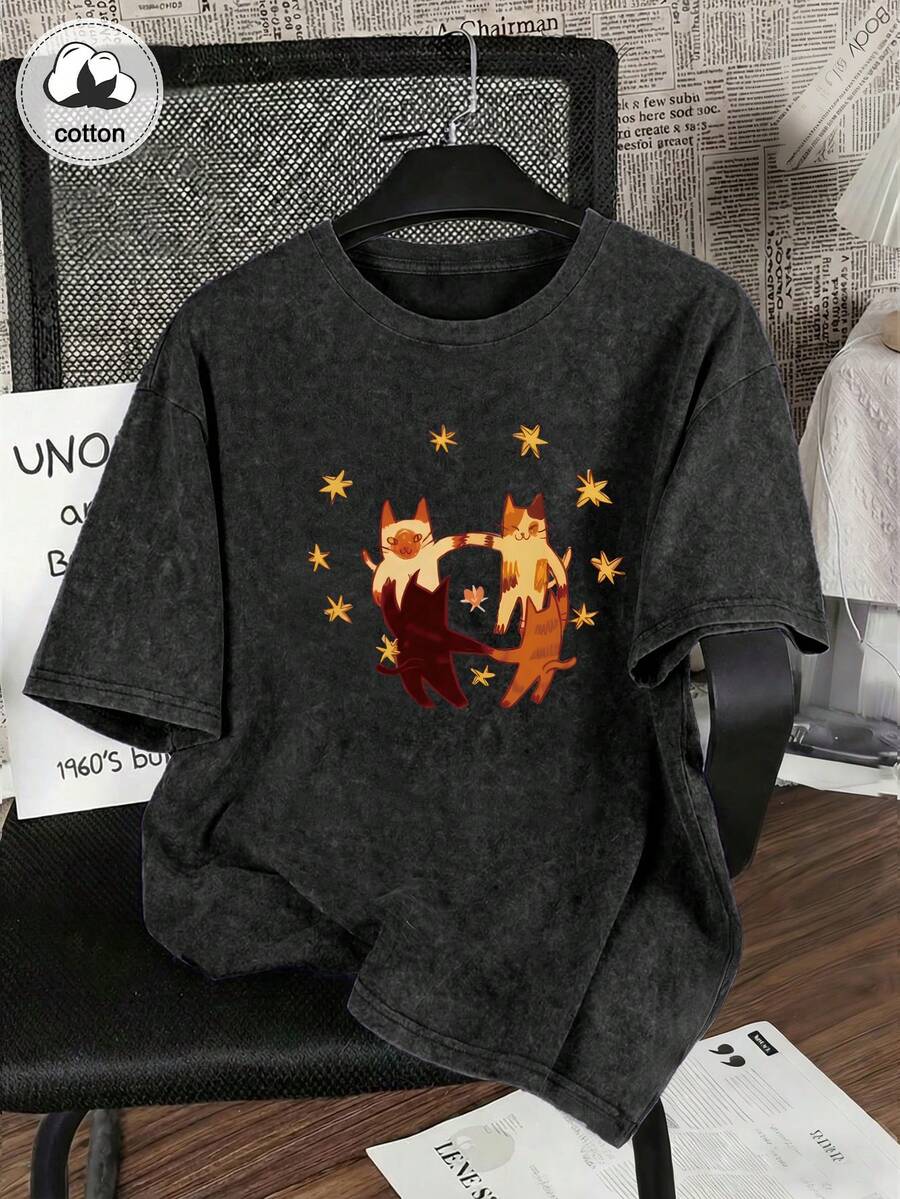 趣味猫咪印花短袖T恤，独特小众设计上衣，大码女式T恤，水洗棉T恤，大码女式休闲装，雪花图案面料，大码舒适圆领休闲上衣，复古做旧T恤，大码女装，春夏服装 黑色 - 黑色 - 查看 1