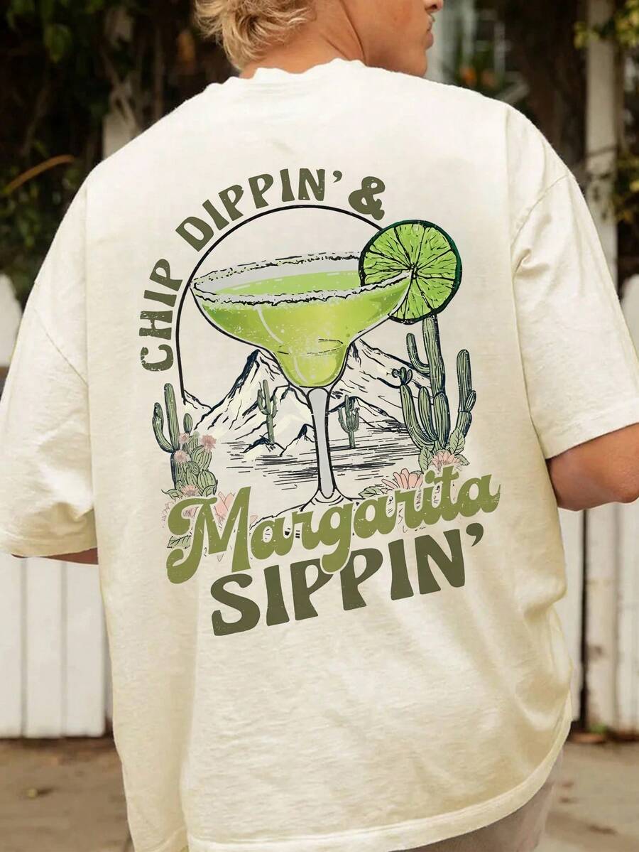 Men's Casual Cocktail Theme Print Minimalist Short Sleeve T-Shirt, Daily Leisure Round Neck - Apricot - View 1