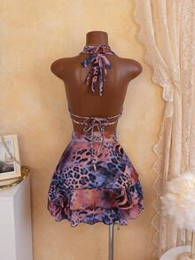 Women's 4-Piece Swimsuit Set, Leopard Print With Pearl Decor, Elegant Style, Suitable For Beach Vacation Summer - Purple - View 4