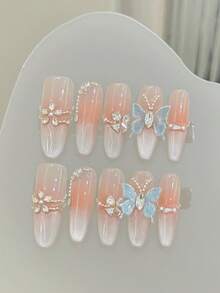 10pcs Handmade Nails Oval Nails Acrylic Press On Nails Long, Gentle Pink Nails, Flashy Cateye, Glitter Powder, Nail Gems Small Rhinestone Flower 3D Butterfly Inlaid, Simple Edgy Elegant Simple Spring Nails, Summer Press On Nails, Festival Nails, Party Daily & Dating Use Beach Tropical Getaway Suitable,DIY False Nail Art Suitable For Women & Girls As Gift Nail Supplies Handmade Press On Nails - Pink - View 1