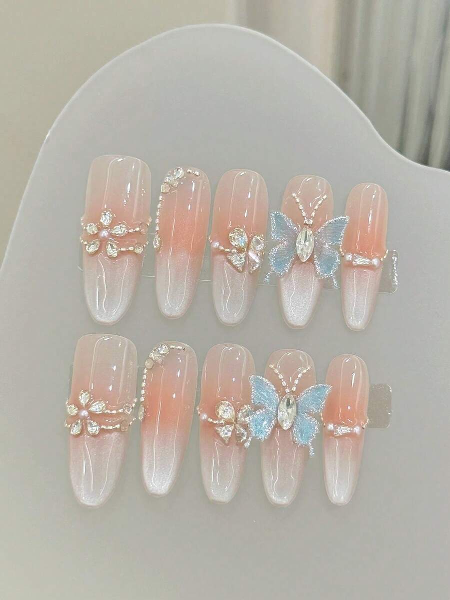 10pcs Handmade Nails Oval Nails Acrylic Press On Nails Long, Gentle Pink Nails, Flashy Cateye, Glitter Powder, Nail Gems Small Rhinestone Flower 3D Butterfly Inlaid, Simple Edgy Elegant Simple Spring Nails, Summer Press On Nails, Festival Nails, Party Daily & Dating Use Beach Tropical Getaway Suitable,DIY False Nail Art Suitable For Women & Girls As Gift Nail Supplies Handmade Press On Nails - Pink - View 1