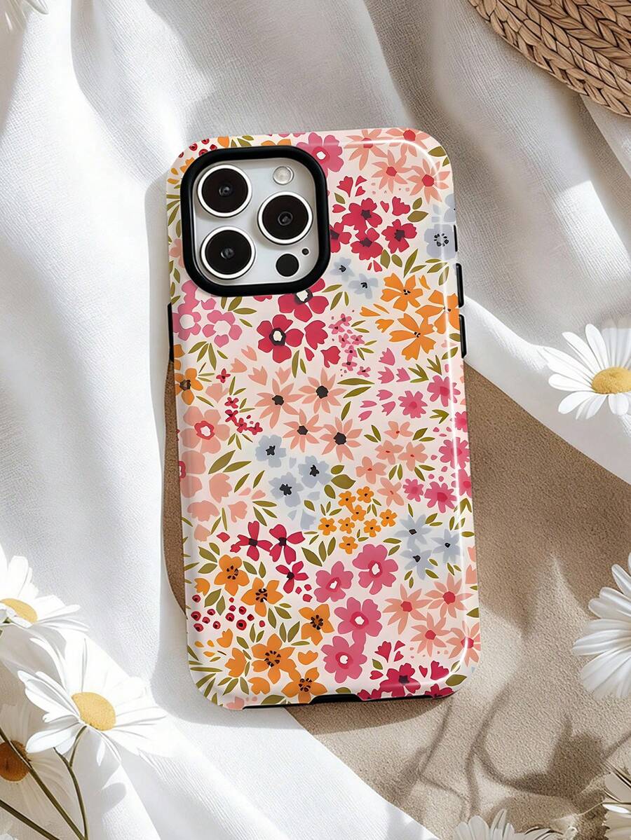 1 件装亮面复古花卉图案二合一贴膜手机壳,兼容三星 11/12/13/14/15/16/17 Pro Max - 彩色 - 查看 1