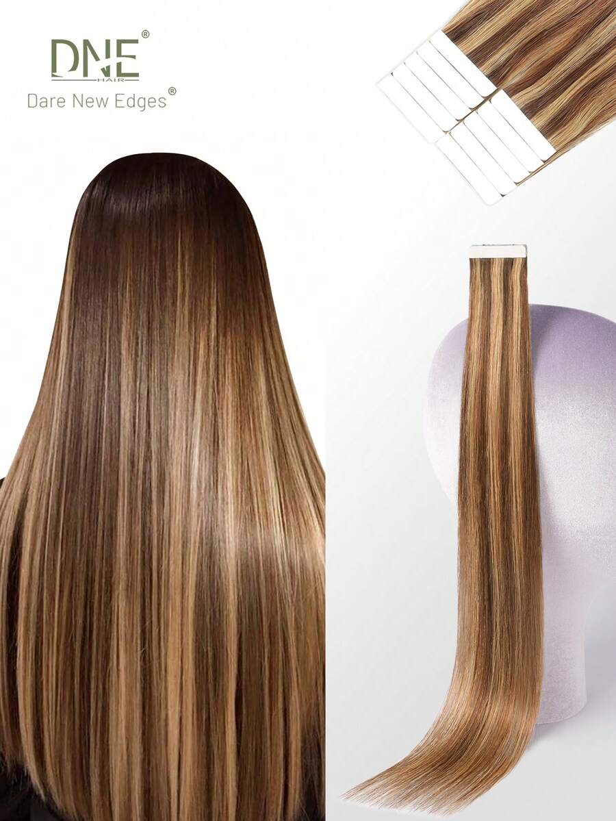 DNE HAIR 10 Stück Tape-In Haarverlängerungen 100% Echthaar #P4/27 Mittelbraun mit Highlights Hellbraun, gerade Stil in Längen von 14-22 Zoll, seidig nahtlos unsichtbar, hochwertige dicke Enden, gesunde Echthaar-Verlängerungen für dünnes Haar und Salon-Verwendung sowie für den täglichen Gebrauch aller Frauen/Mädchen - SP4/27 - Übersicht 1