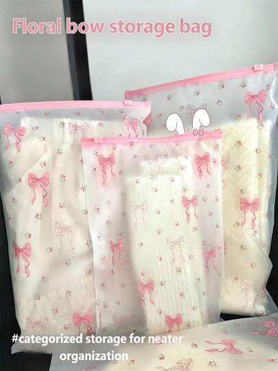 1 Set Transparent Flower & Bow Zipper Storage Bags, Durable PEVA Material Baby Clothes Organizer Bags, Home & Travel Luggage Sorting, Easter Gift