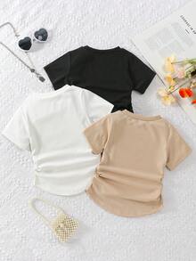 3 áo thun ngắn tay cổ tròn co giãn cho bé gái, thích hợp cho mùa hè. - Nhiều màu - Xem 3