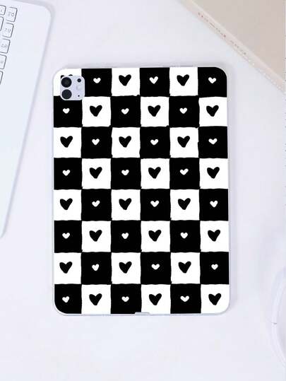 Transparent Thick Shockproof UV Painted TPU Tablet Protective Case With Minimalist Black & White Checkered Heart Pattern Design, Suitable For 10th Generation, 9.7/10.2/10.5/10.9/11 Inch, Air 11 Inch (M2) - 2024, Pro 11 Inch (M4) - 2024