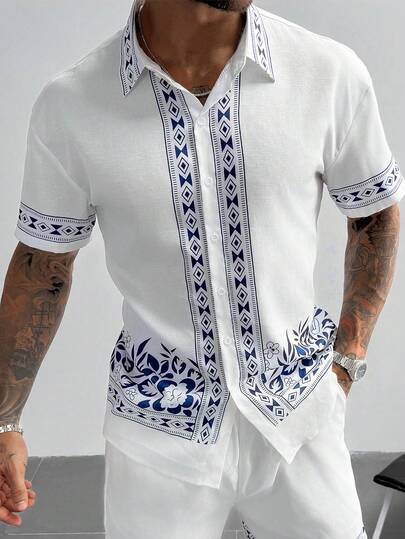 Camisa de manga corta casual y multiusos con estampado floral geométrico de una sola hilera para hombres GloMan. Adecuada para vacaciones, estilo callejero. Ropa de verano para hombres, ropa de playa. Estilo de vacaciones relajado, versátil y de moda, un gran regalo para el esposo o el hijo.