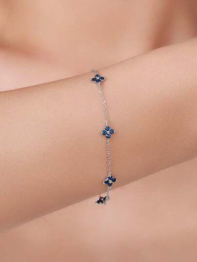 BALMORA 1 pieza Pulsera de plata de ley 925 con elegante y linda flor azul de circonita, adecuada para uso diario, fiestas de , regalo