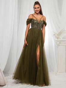 VIPGIRL Vestido de noche largo con hombros descubiertos, de malla con lentejuelas para mujer - Verde - Ver 3