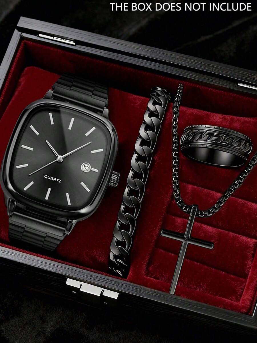 四件套极简休闲男士石英表套装，硬朗时尚黑色金属配饰套装（包含黑色金属表带方形石英表（黑色表盘）、黑色链条手链、黑色十字架项链、黑色浮雕戒指）。以全黑金属为核心，方形表壳搭配极简刻度，更添硬朗气质，坚固时尚的金属表带。 - 黑色 - 查看 1