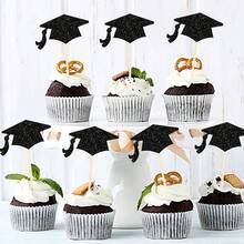 12pcs/24pcs 2026 Graduate Black Glitter Graduation Cap Cupcake Toppers & Wrappers Set, Suitable For Decorating Cakes And Cupcakes At Graduation Ceremony - Black Graduation Cap - View 3