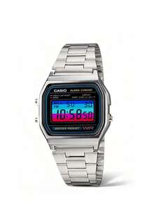 Casio 卡西欧男士石英表（DIY版，彩色卡片表盘），电池续航时间长，适合日常佩戴。具备液晶显示屏，可显示日期和星期，并带有闹钟功能。 - 銀色 - 查看 1