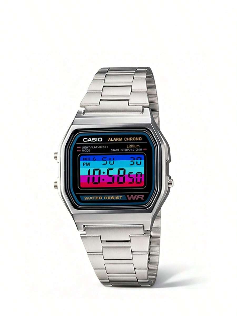 Casio 卡西欧男士石英表（DIY版，彩色卡片表盘），电池续航时间长，适合日常佩戴。具备液晶显示屏，可显示日期和星期，并带有闹钟功能。 - 銀色 - 查看 1