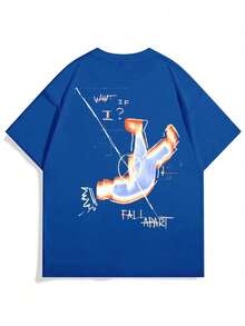 FRACTYR Men's Casual Street Abstract Visual & Line Element Print Loose Fit Round Neck T-Shirt - Blue - View 4