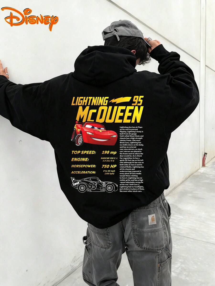 Disney Men's Casual Hoodie, Lightning McQueen Performance Data Print, Professional Racing Design, Relaxed Fit, Ideal For Car Geeks & Casual Outfits - 黑色 - 查看 1