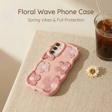 1pc Pink & White Sunflower, Cute Cartoon Blue Floral & Butterfly Painted Phone Case, Macaron Color Full Body Shockproof Wavy Cream Style, Compatible With Samsung/POCO/Apple/XR/11/14/15/16/Transsion/Honor/90LITE - Pink - View 7