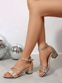 2026新款粗跟黑色凉鞋，优雅中跟时尚女式高跟鞋，夏季 - 金色 - 查看 8