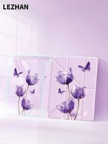 1pc Purple Crystal Tulip Pattern Rotating Foldable Flat Tablet Protective Case, Compatible With 2025/10th Gen/10.2", Pro 11" 2021/2020, Mini 6/7, Galaxy Tab A8 10.5" 2022, With Pencil Slot, Anti-Drop, Tablet Stand Protective Cover, Gift For Kids/Family - Multicolor - View 4