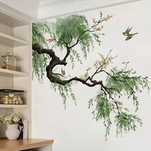 1件 40x90cm 新中式垂柳與鳥牆貼，自黏可移除，禪意風格客廳臥室牆面裝飾 - 多色 - 查看 2